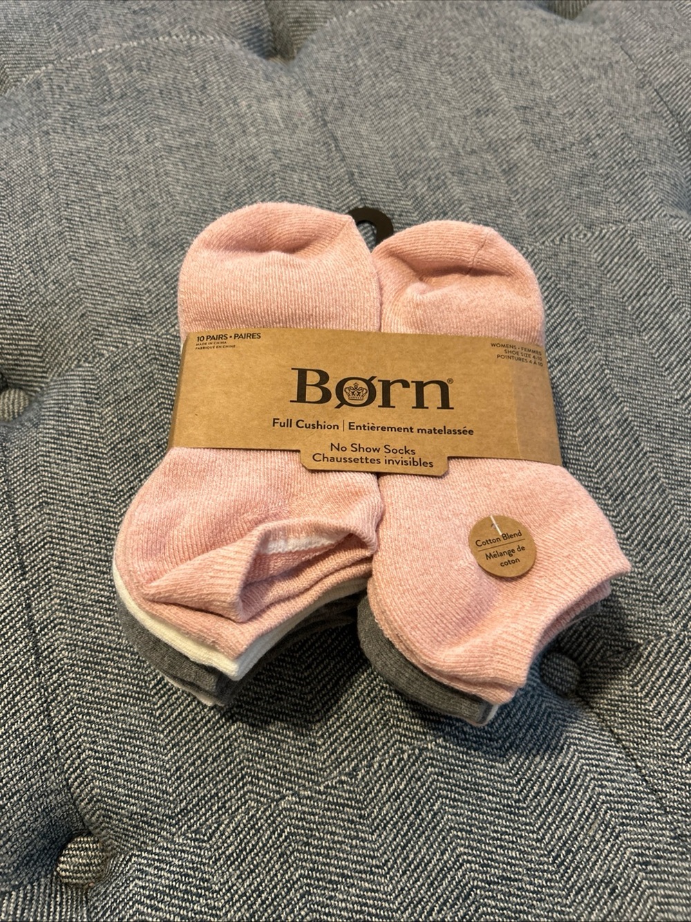 Born Full Cushion No Show Socks Womens Size 4-10 Pink/White/Gray 10-Pair- New